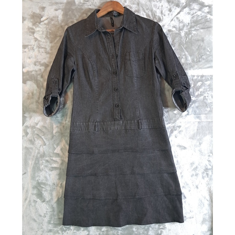 New Directions Gray Denim Tiered Dress Button Front Stretch Tab Sleeve Size 8